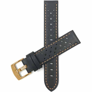 Bandini Mens Perforated Leather Rally Strap Smart Watch Band Strap For Garmin Forerunner, Vivoactive 4 - 22mm, Black / Orange / Gold Buckle