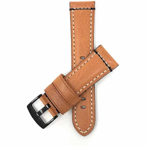 Bandini Dressy Mens Leather Smart Watch Band Strap Double Stitch For Garmin Forerunner, Vivoactive 4 - 22mm, Tan / Black Buckle