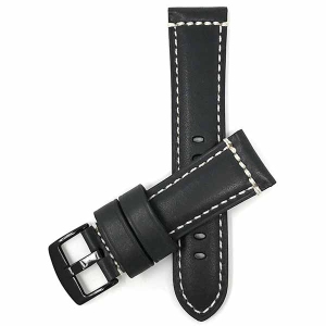 Bandini Dressy Mens Leather Smart Watch Band Strap Double Stitch For Garmin Forerunner, Vivoactive 4 - 22mm, Black / Black Buckle