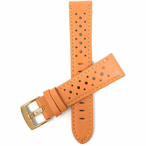 Bandini Mens Perforated Leather Rally Strap Smart Watch Band Strap For Garmin Venu Sq - 20mm, Orange / Gold Buckle