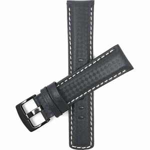 Bandini Mens Leather Carbon Fiber Pattern Smart Watch Band Strap For Garmin Forerunner, Vivoactive 4 - 22mm, Black / White / Black Buckle