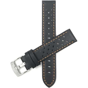 Bandini Mens Perforated Leather Rally Strap Smart Watch Band Strap For Garmin Forerunner, Vivoactive 4 - 22mm, Black / Orange / Silver Buckle