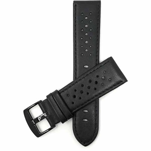 Bandini Mens Perforated Leather Rally Strap Smart Watch Band Strap For Garmin Forerunner, Vivoactive 4 - 22mm, Black / Black Buckle
