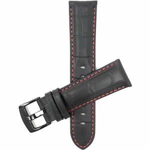 Bandini Mens Leather Alligator Pattern, Stitch Smart Watch Band Strap For Garmin Forerunner, Vivoactive 4 - 22mm, Black / Red / Black Buckle