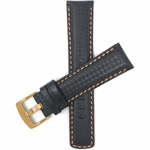 Bandini Mens Leather Carbon Fiber Pattern Smart Watch Band Strap For Garmin Venu Sq - 20mm, Black / Orange / Gold Buckle