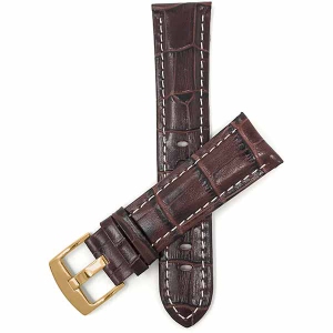 Bandini Mens Leather Alligator Pattern Smart Watch Band Strap, White Stitch For Michael Kors Access Runway - 18mm, Brown / Gold Buckle