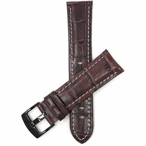 Bandini Mens Leather Alligator Pattern Smart Watch Band Strap, White Stitch For Amazfit GTR 47mm, GTR2, GTR 2e and Stratos - 22mm, Brown / Black Buckle
