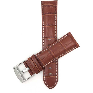 Bandini Mens Leather Alligator Pattern, Stitch Smart Watch Band Strap For Fossil Hybird HR Latitude - 24mm, Dark Tan / Silver Buckle