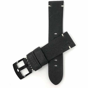 Bandini Mens Distressed Leather Smart Watch Band Strap, Minimal Stitch For Skagen Falster 2 and 3, Jorn - 22mm, Black / Black Buckle