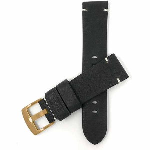 Bandini Mens Distressed Leather Smart Watch Band Strap, Minimal Stitch For Sunnto 9, Suunto 7 - 22mm, Black / Gold Buckle