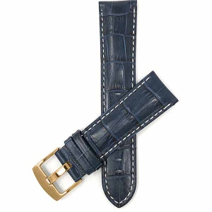Bandini Mens Leather Alligator Pattern Smart Watch Band Strap, White Stitch For Sunnto 9, Suunto 7 - 22mm, Blue / Gold Buckle