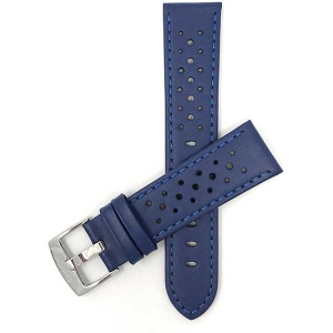 Bandini Mens Perforated Leather Rally Strap Smart Watch Band Strap For Garmin Venu Sq - 20mm, Blue / Silver Buckle
