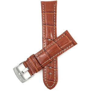 Bandini Mens Leather Alligator Pattern Smart Watch Band Strap, White Stitch For Fossil Gen 6 (44mm), Gen 5 Julianna, Carlyle - 22mm, Tan / Silver Buckle