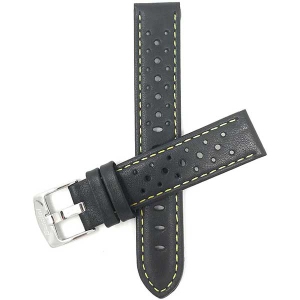 Bandini Mens Perforated Leather Rally Strap Smart Watch Band Strap For Sunnto 9, Suunto 7 - 22mm, Black / Yellow / Silver Buckle