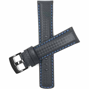 Bandini Mens Leather Carbon Fiber Pattern Smart Watch Band Strap For Withings Nokia Steel HR 40mm, Horizon - 20mm, Black / Blue / Black Buckle