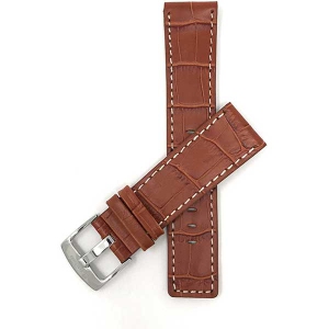 Bandini Square Tip Croco Style Leather Smart Watch Band Strap, White Stitch For Moto360 Gen 3 (46mm) - 22mm, Tan / Silver Buckle