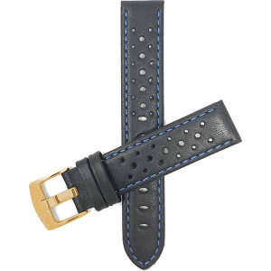 Bandini Mens Perforated Leather Rally Strap Smart Watch Band Strap For Fossil Gen 6 (44mm), Gen 5 Julianna, Carlyle - 22mm, Black / Blue / Gold Buckle