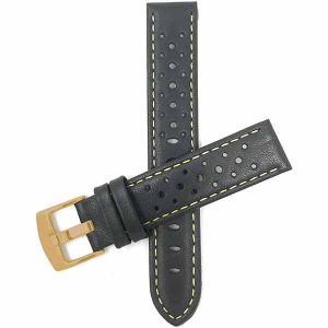 Bandini Mens Perforated Leather Rally Strap Smart Watch Band Strap For Fossil Gen 6 (44mm), Gen 5 Julianna, Carlyle - 22mm, Black / Yellow / Gold Buckle