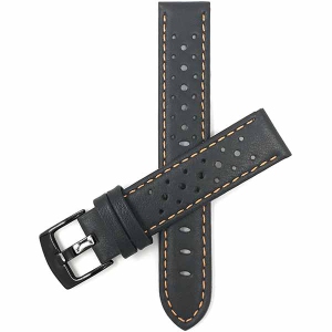Bandini Mens Perforated Leather Rally Strap Smart Watch Band Strap For Moto360 Gen 3 (46mm) - 22mm, Black / Orange / Black Buckle