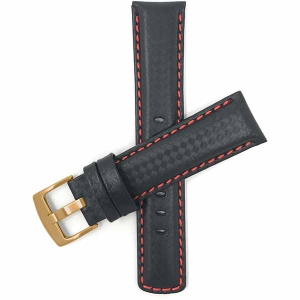 Bandini Mens Leather Carbon Fiber Pattern Smart Watch Band Strap For Garmin Forerunner, Vivoactive 4 - 22mm, Black / Red / Gold Buckle