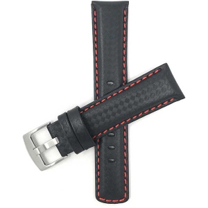 Bandini Mens Leather Carbon Fiber Pattern Smart Watch Band Strap For Michael Kors Bradshaw - 22mm, Black / Red / Silver Buckle