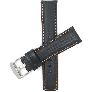 Bandini Mens Leather Carbon Fiber Pattern Smart Watch Band Strap For Michael Kors Bradshaw - 22mm, Black / Orange / Silver Buckle