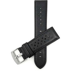 Bandini Mens Perforated Leather Rally Strap Smart Watch Band Strap For Sunnto 9, Suunto 7 - 22mm, Black / Silver Buckle
