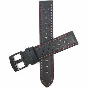 Bandini Mens Perforated Leather Rally Strap Smart Watch Band Strap For Sunnto 9, Suunto 7 - 22mm, Black / Red / Black Buckle