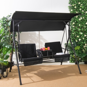 Costway 2-Person Canopy Porch Swing Padded Chair Cooler Bag Rotatable Tray Turquoise\Beige\Black