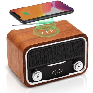 axGear Wooden Digital LED Alarm Clock Bluetooth SpeakerWith 10W Fast Wireless Charger
