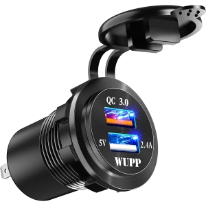 Upgraded Aluminum Alloy Fast Charging 3.0 USB Charger Socket IP66 Waterproof Dual USB Power Outlet with QC 3.0 USB Port & 5V 2.4A Port Led Light for Car Boat Marine Rv Mot
