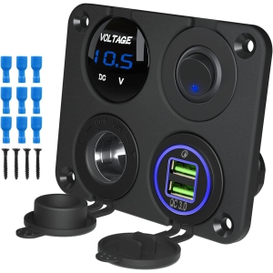 12V Marine Car Charger Socket Panel, 4 in 1 Waterproof Boat Cell Phone Rocker Switch Panel with 12 Volt Dual USB Power Outlet Cigarette Lighter Socket for RV Marine Boat Cam