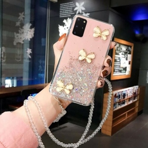 For Samsung Galaxy S20 Plus Case Pink Smart Shockproof Glitter Crystal butterfly Wrist Strap Cover Case