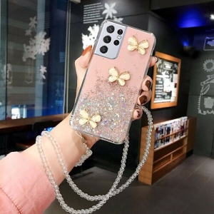 Case for Samsung Galaxy S21 Ultra 5G, Butterfly Flower Design for Women Girl Glitter Clear Ultra Slim Soft Silicone TPU Protective Cover Compatible with Samsung Galaxy S21 Ultra