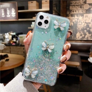 For Apple iPhone 11 Pro Max Green Smart Shockproof Glitter Crystal butterfly Wrist Strap Cover Case