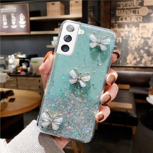 Case for Samsung Galaxy S21 5G,Butterfly Flower Design for Women Girl Glitter Clear Ultra Slim Soft Silicone TPU Protective Cover Compatible with Samsung Galaxy S21