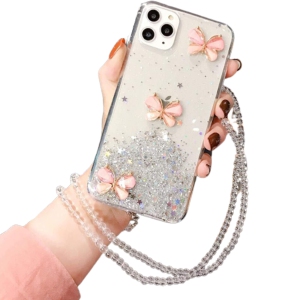 For Apple iPhone 12 Pro White Smart Shockproof Glitter Crystal butterfly Wrist Strap Cover Case