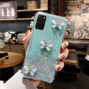 For Samsung Galaxy S20 Plus Case Green Smart Shockproof Glitter Crystal butterfly Wrist Strap Cover Case