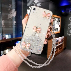 Apple iPhone XR White Smart Shockproof Glitter Crystal butterfly Wrist Strap Cover Case