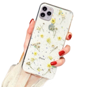 For Apple iPhone 11 Pro Yellow Smart Shockproof Dry Flower Glitter Case TPU Back Cover