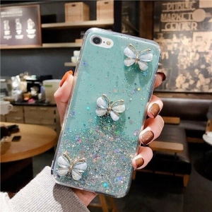 For Apple iPhone 7 Green Smart Shockproof Glitter Crystal butterfly Wrist Strap Cover Case