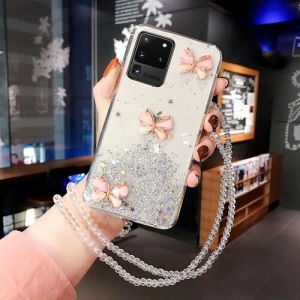 For Samsung Galaxy S20 Ultra Case White Smart Shockproof Glitter Crystal butterfly Wrist Strap Cover Case