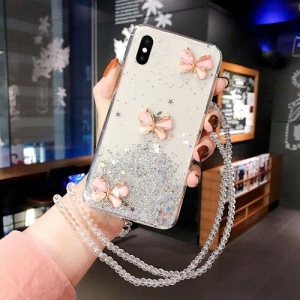 For Apple iPhone XS White Smart Shockproof Glitter Crystal butterfly Wrist Strap Cover Case