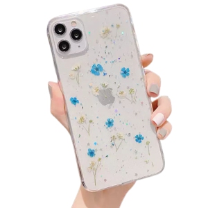 For Apple iPhone 11 Pro Max Blue Smart Shockproof Dry Flower Glitter Case TPU Back Cover