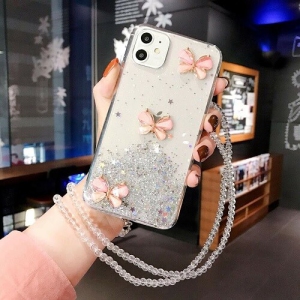 For Apple iPhone 12 White Smart Shockproof Glitter Crystal butterfly Wrist Strap Cover Case
