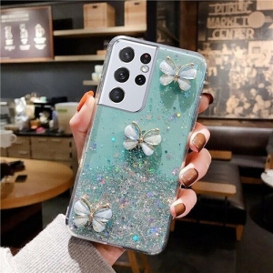 Case for Samsung Galaxy S21 Plus 5G, Butterfly Flower Design for Women Girl Glitter Clear Ultra Slim Soft Silicone TPU Protective Cover Compatible with Samsung Galaxy S21+
