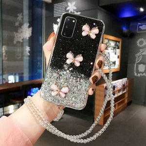 For Samsung Galaxy S20 Case Black Smart Shockproof Glitter Crystal butterfly Wrist Strap Cover Case