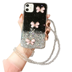 For Apple iPhone 11 Black Smart Shockproof Glitter Crystal butterfly Wrist Strap Cover Case