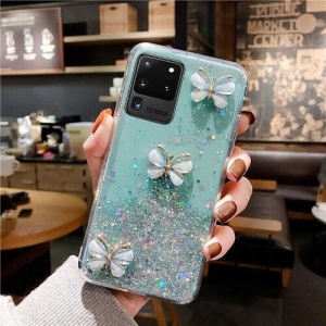 For Samsung Galaxy S20 Ultra Case Green Smart Shockproof Glitter Crystal butterfly Wrist Strap Cover Case