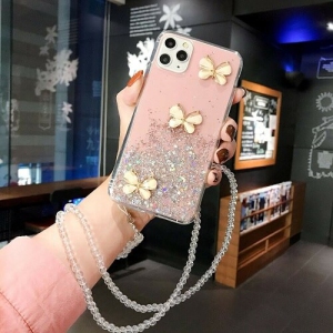 For Apple iPhone 11 Pro Pink Smart Shockproof Glitter Crystal butterfly Wrist Strap Cover Case